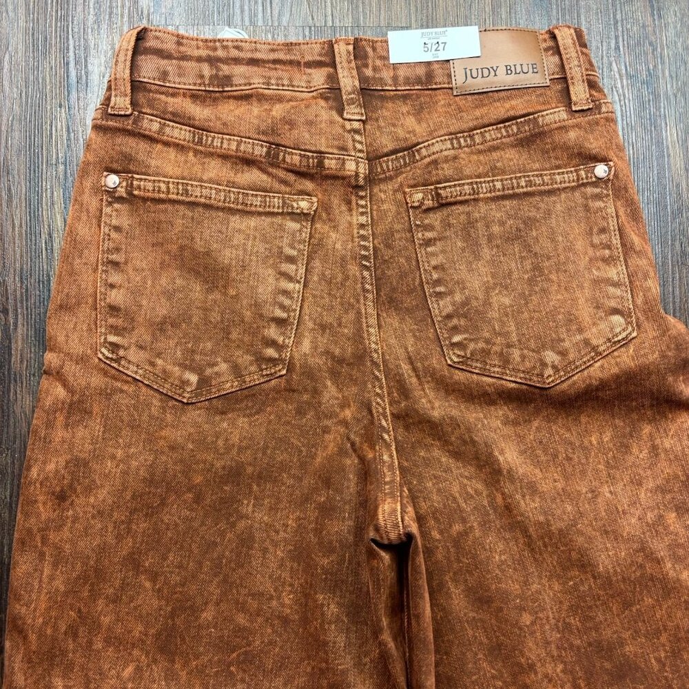 NWT Judy Blue Retro Wide Leg Jeans Garment Dyed Pumpkin Spice Raw Hem Size 5/27 - Picture 4 of 14
